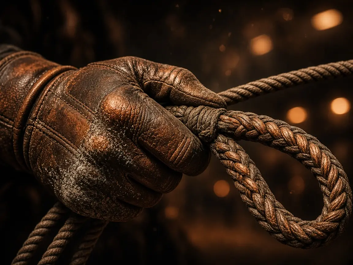 Close-up of a worn leather riding glove gripping a braided bull rope