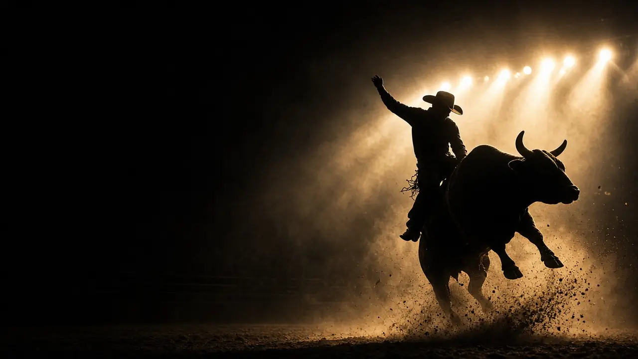Silhouette of a bull rider mid-ride under arena spotlights and kicked-up dust